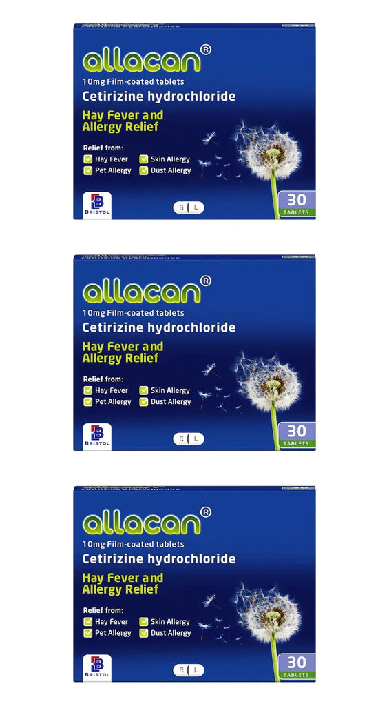 90 TABLETS ALLACAN CETIRIZINE HAYFEVER & ALLERGY TABLETS (3 MONTH SUPPLY)