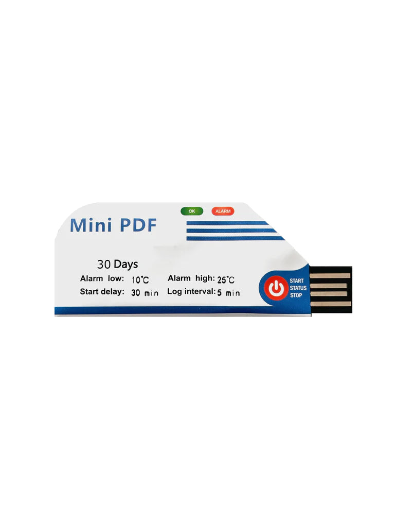 SINGLE USE, USB TEMPERATURE DATA LOGGER, AMBIENT 15-25°C, 30 DAYS, DISPOSABLE PDF REPORT