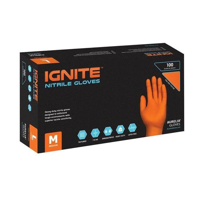 10 X IGNITE EXTRA STRONG THICK DIAMOND GRIP NITRILE GLOVES ORANGE 10 BOXES